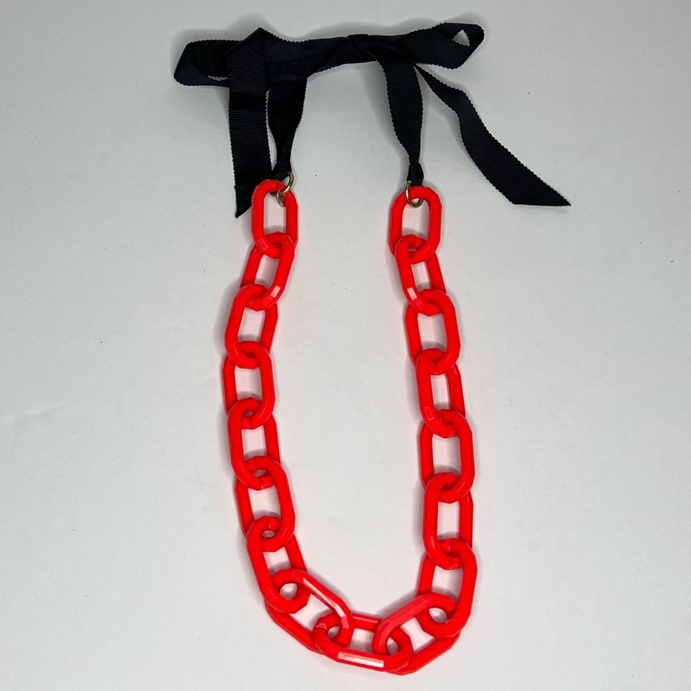 J.Crew Bright Orange Lucite Chain Link Necklace with Navy Blue Grosgrain Ribbon